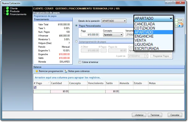 Pantalla de apartado en Terrantus ERP