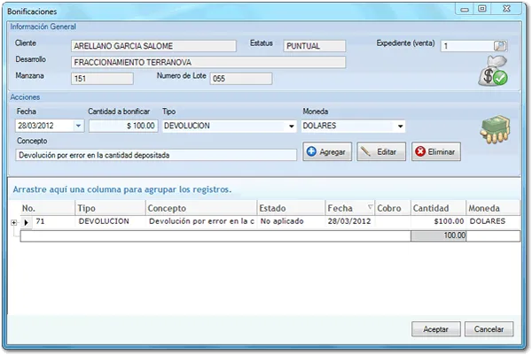 Registro de bonificaciones en Terrantus ERP