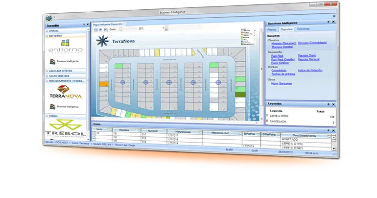 Tablero de Business Intelligence de Terrantus con el plano de lotificación coloreado por estado