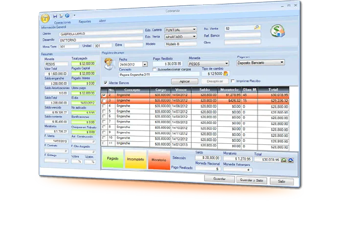 Pantalla de cobranza de Terrantus ERP con el plan de pagos del enganche de un cliente