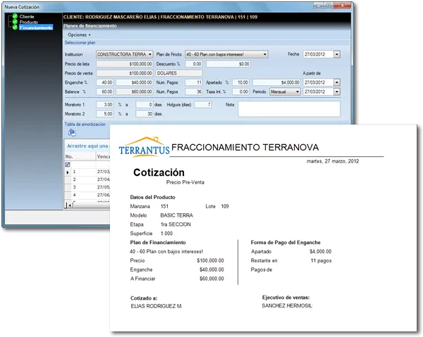 Pantalla de cotización de un lote en Terrantus ERP