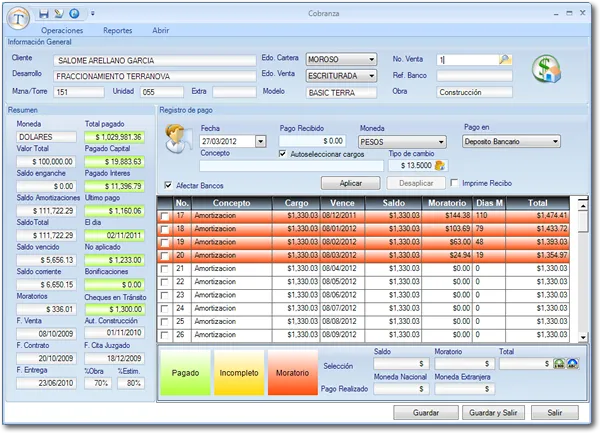 Pantalla de cuentas por cobrar de Terrantus ERP