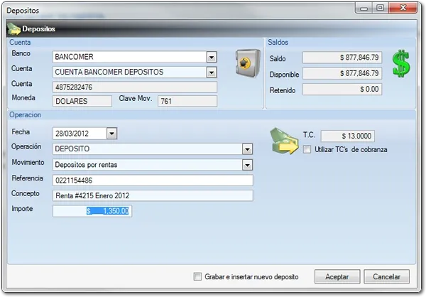 Importación de depósitos bancarios en Terrantus ERP