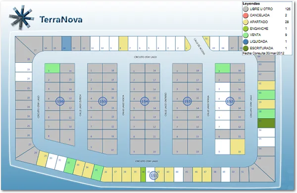 Plano de disponibilidad con lotes coloreados por estado de venta