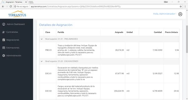 Lista de asignaciones en el portal de contratistas