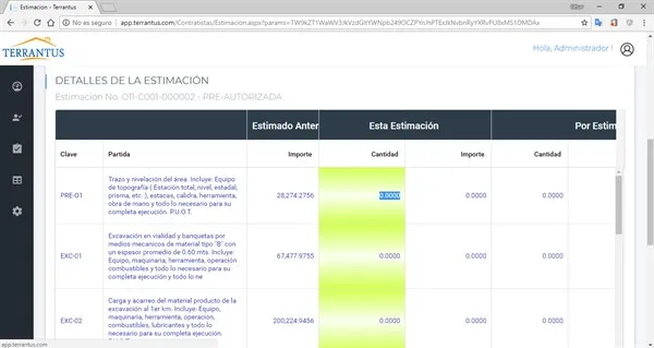 Captura de una estimación en el portal de contratistas