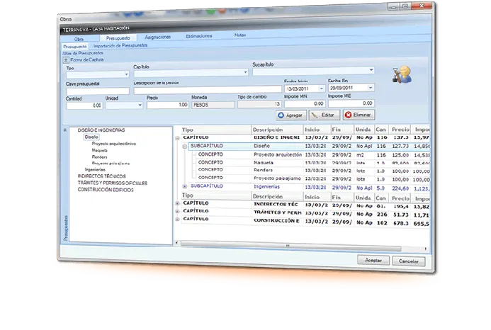 Pantalla de presupuesto de obra de Terrantus ERP con capítulos, subcapítulos y conceptos