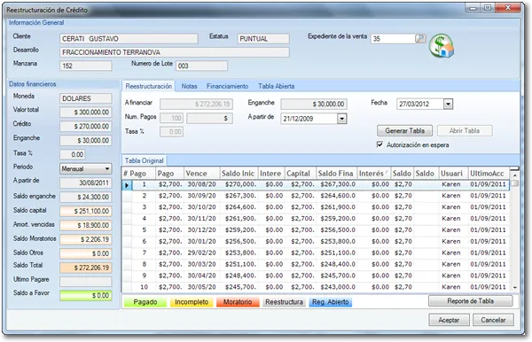 Reestructuración de un crédito en Terrantus ERP